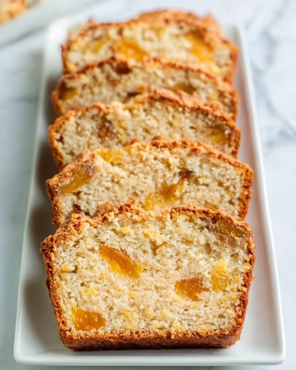 The image shows a loaf of bread sliced into several pieces placed on a white rectangular plate, with each slice revealing a soft light brown inside with chunks of orange fruit evenly spread throughout. The texture inside looks moist and slightly crumbly, with a golden-brown crust on the top and sides that appears slightly crunchy. The bread sits on a white marbled surface, creating a clean and bright setting. photo taken with an iphone --ar 4:5 --v 7