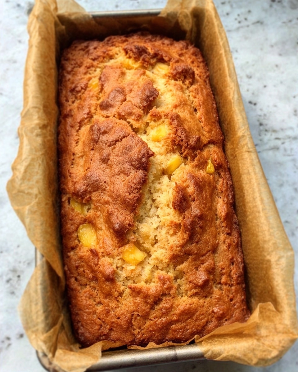 This image shows a freshly baked golden brown loaf cake in a small rectangular baking pan lined with parchment paper. The top is uneven with rough cracks and visible chunks of yellow fruit or cake pieces embedded in the batter. The cake texture looks moist and soft with a slightly crispy crust. The backdrop is a white marbled surface. photo taken with an iphone --ar 4:5 --v 7