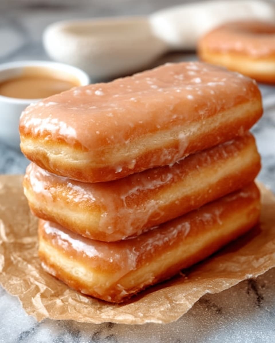 The image shows three long, rectangular glazed doughnuts stacked on top of each other with a shiny sugary glaze coating their golden-brown surface. The doughnuts have a smooth and slightly glossy texture with a few small bubbles on the glaze. Behind the doughnuts, there is a small white bowl holding light brown dipping sauce. All items rest on crinkled parchment paper, which lies on a white marbled surface. A blurred white object is visible in the background, adding depth to the image. photo taken with an iphone --ar 4:5 --v 7