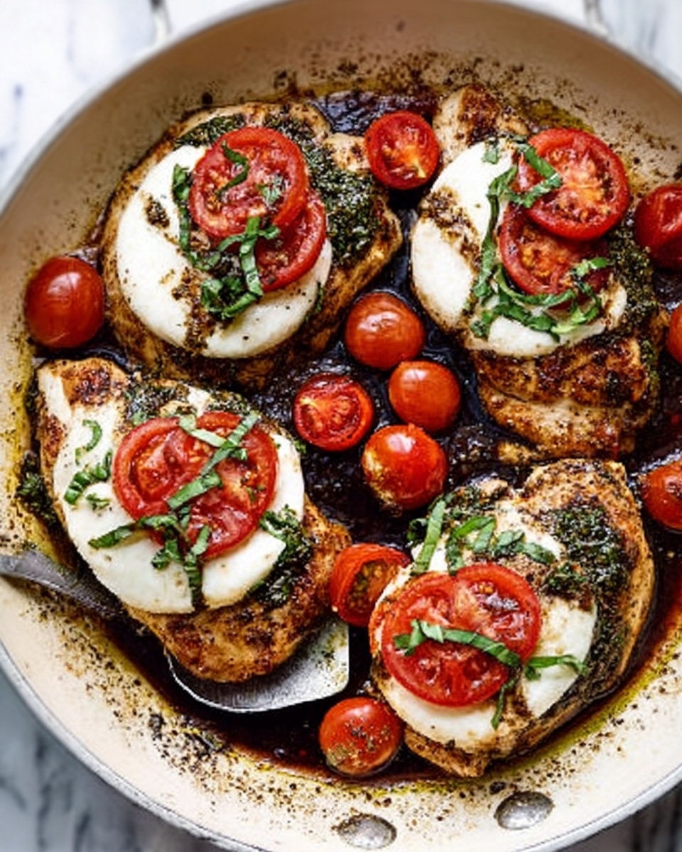 The image shows a close-up of five cooked chicken pieces arranged in a white pan with brown seasoning and juice around them. Each chicken piece is topped with a thick white round slice of mozzarella, a bright red round slice of tomato, and thin dark green basil leaves scattered on top. Between the chicken pieces are several small round red cherry tomatoes with green stems. A woman's hand is holding a metallic spatula near the edge of the pan. The background is a white marbled texture. Photo taken with an iphone --ar 4:5 --v 7
