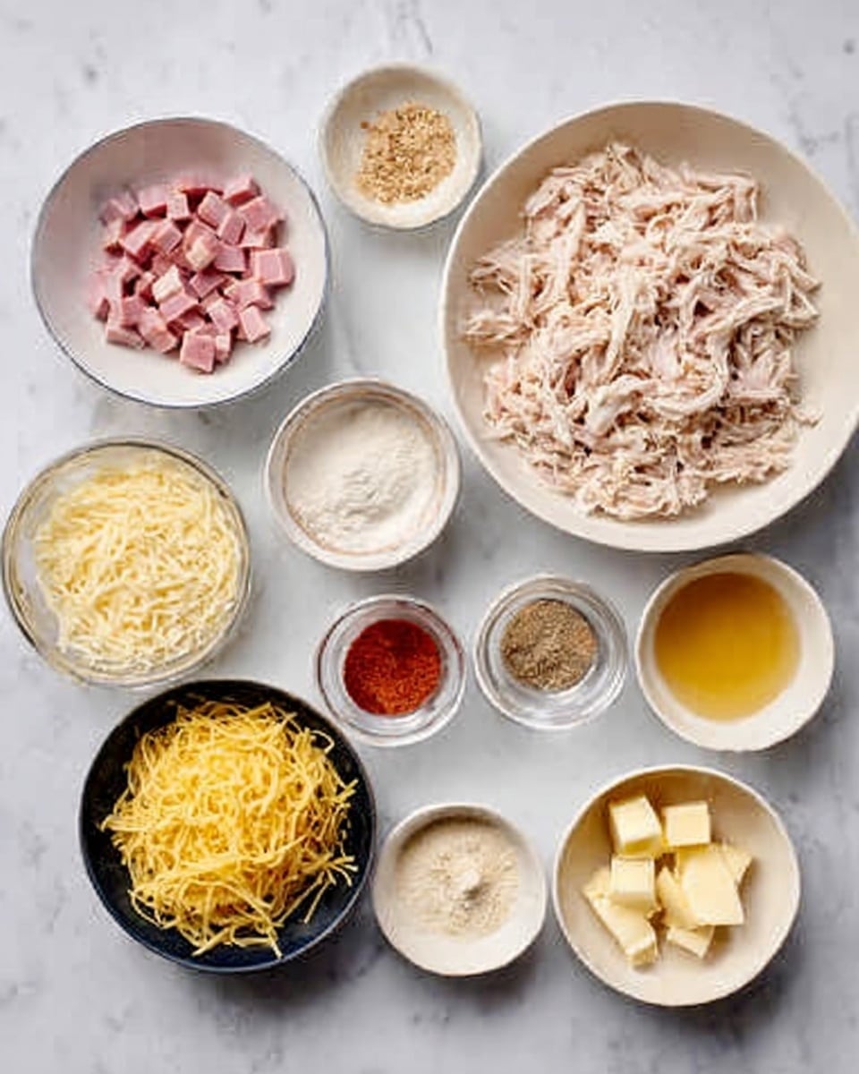 The image shows a white marbled surface with nine white bowls arranged neatly. The largest bowl on the right contains shredded cooked chicken, light beige in color with soft texture. To the left, a medium bowl holds small pink ham cubes. Below it, a black bowl contains shredded cheese, pale yellow with a soft texture. Above the ham, there is a bowl with thin yellow noodles. Small white bowls with different ingredients are spread out: one with a white powder (flour), one with a red powder (spices), and others with dry and wet ingredients like honey and butter cubes. The overall layout is clean and organized, with each ingredient clearly visible. The photo is taken with an iphone --ar 4:5 --v 7
