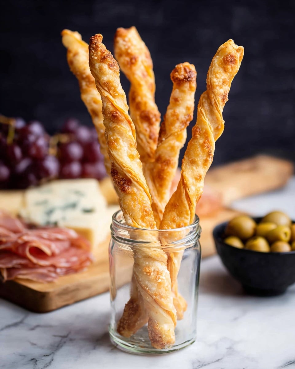 Five golden brown baked cheese sticks with a twisted, crispy texture are standing upright inside a small clear glass jar. The cheese sticks have uneven browned spots and look crunchy on the outside. In the background on a white marbled surface, there is a wooden board with purple grapes, thin slices of pink cured meat, and some white cheese with blue veins. To the right, there is a small black bowl filled with green olives. The scene has a dark blurred background, highlighting the sticks in the foreground. photo taken with an iphone --ar 4:5 --v 7