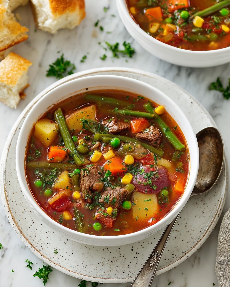 A white bowl filled with a hearty soup showing three main layers: a clear, reddish broth base; a middle layer with chunky vegetables like orange carrot slices, yellow corn, green peas, green beans, and red potato pieces, all mixed with walnut-colored beef chunks; and a garnish of fresh chopped green herbs spread over the top. The bowl is placed on a white speckled plate with a silver spoon beside it, all sitting on a white marbled surface with some bread pieces and green parsley scattered gently around. In the background, there is another similar bowl filled with the same soup. The setting looks fresh and inviting, photo taken with an iphone --ar 4:5 --v 7
