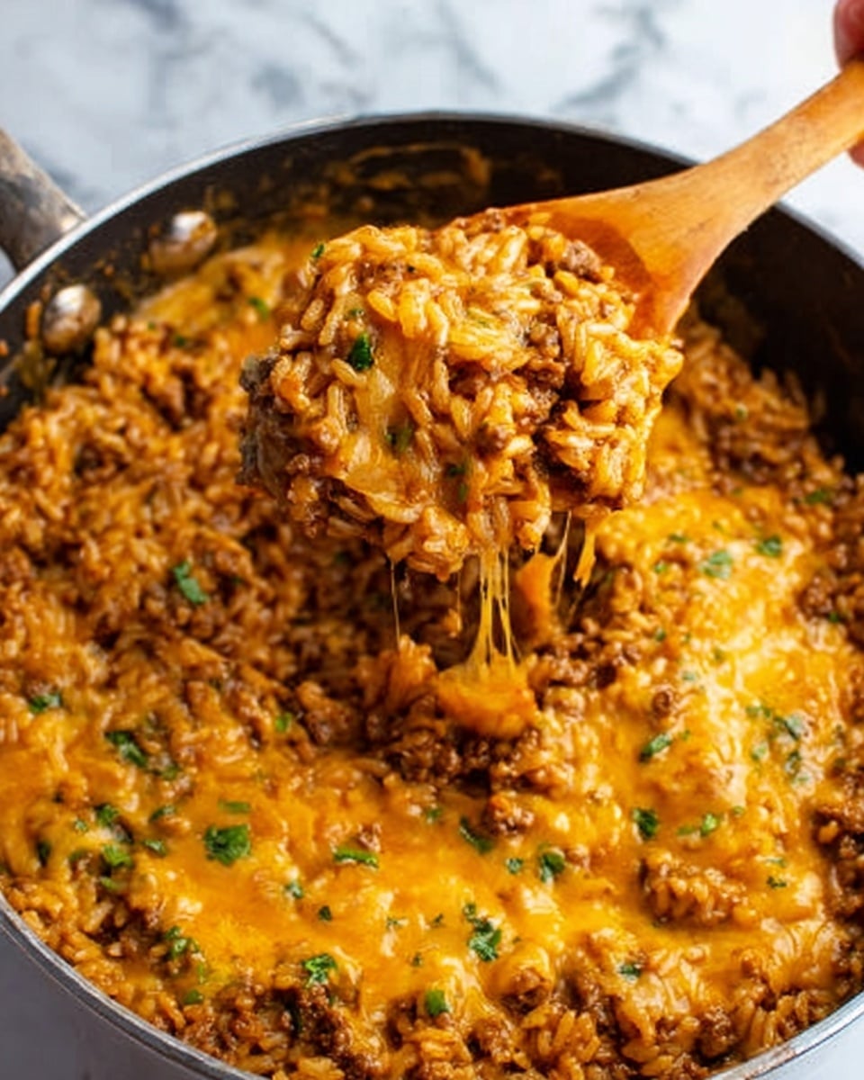 The image shows a close-up of a cooking pan filled with a rich mixture of browned ground meat and rice, coated in a thick, orange-cheese sauce that looks smooth and creamy. The mixture is speckled with small green herb bits. A wooden spoon with a woman's hand holding it is scooping out some of the cheesy meat and rice blend from the pan, showing the texture with melted cheese stretching slightly. The background is a white marbled surface. photo taken with an iphone --ar 4:5 --v 7