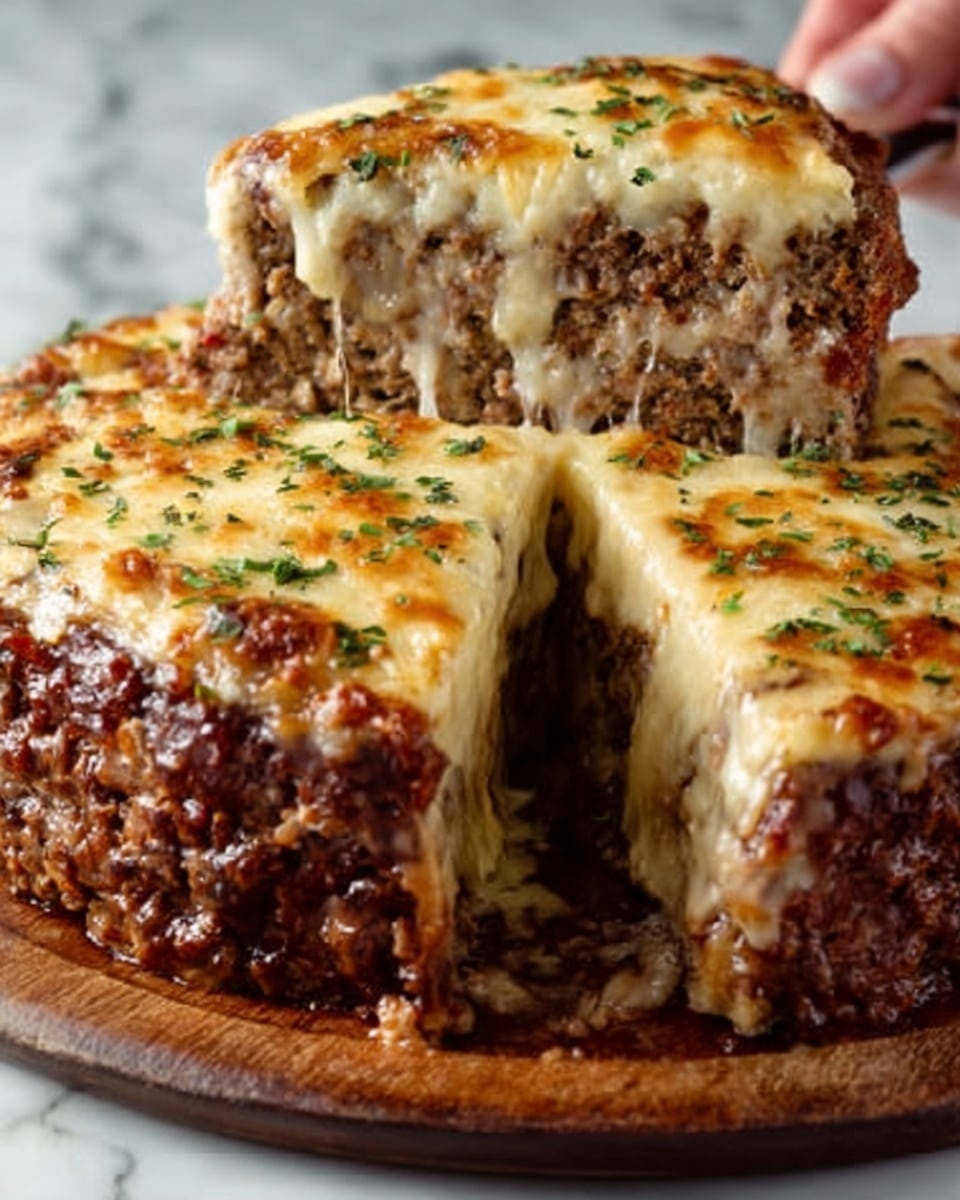 The image shows a thick layered meatloaf on a wooden board with a slice being served. The meatloaf has a deep brown cooked ground meat base filled with bits of onions, and it is topped with a melted golden cheese layer that has light brown spots and a sprinkle of green herbs. The cheese is bubbly and smooth, covering the whole top and sides. The slice reveals the moist texture inside and the cheese stretching slightly as it is being lifted by a woman's hand. The background and surface have a white marbled texture. Photo taken with an iphone --ar 4:5 --v 7