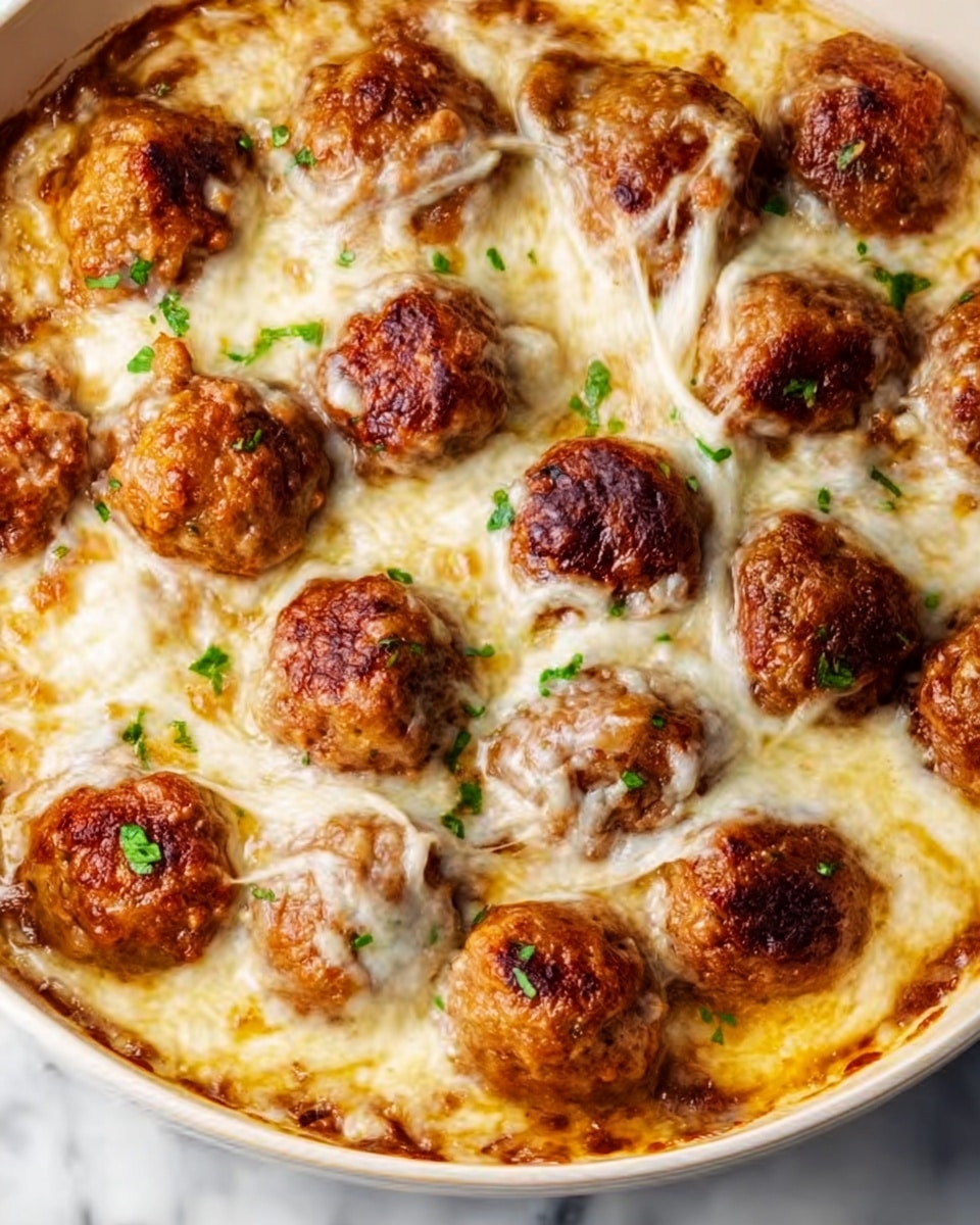 The image shows a white dish filled with round, golden-brown meatballs evenly spread on top of a layer of melted white cheese that stretches across the entire surface. Small green herb pieces are sprinkled over the cheese and meatballs, adding a touch of color and freshness. The texture of the cheese looks soft and creamy, slightly oozing between the meatballs. The background and surface beneath the dish feature a white marbled texture. Photo taken with an iphone --ar 4:5 --v 7