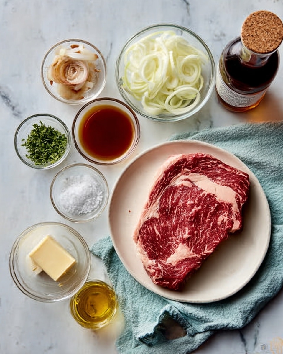 The image shows a large white plate with a raw, richly marbled red steak placed on the right side of the plate. Next to the plate is a light blue cloth napkin folded beneath the plate's edge. Surrounding the plate on a white marbled surface are several small clear glass bowls containing various ingredients: a bowl filled with thinly sliced pale yellow onions, a bowl with a dark reddish-brown liquid, a small bowl of coarse white salt, one with chopped green herbs, a small square of pale butter, a tiny bowl of translucent oil, a small jar of light golden mustard, and a glass bottle with a dark crown cap. A woman's hand holds the top of the bottle, and everything is arranged neatly. photo taken with an iphone --ar 4:5 --v 7