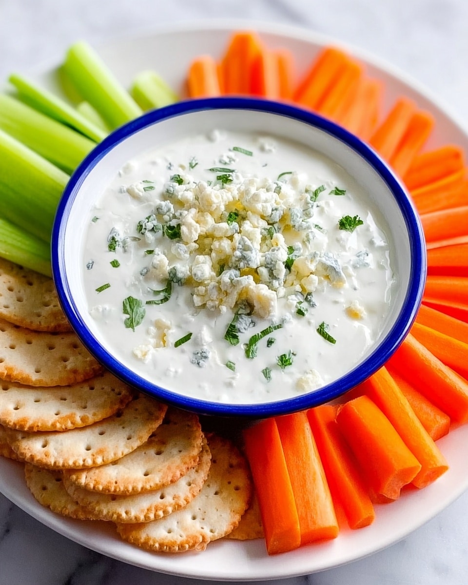 A round white bowl filled with thick white dip topped with small chunks of blue cheese sits in the center on a wooden board. Around the bowl are fresh green celery sticks, cucumber sticks with dark green skin, and bright snap peas, all arranged in a loose circle. The wooden board is placed on a white marbled surface, and a woman's hand with a blue and white cloth can be seen in the upper right corner. photo taken with an iphone --ar 4:5 --v 7