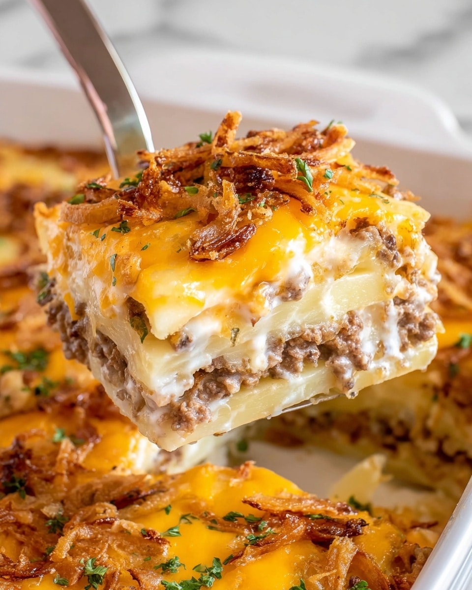 A close-up of a square piece of layered casserole being lifted by a silver spatula, showing four visible layers: a bottom layer of pale, soft potatoes, a second layer with browned ground meat mixed with white creamy sauce, a third layer of thick melted yellow cheese, and a top layer sprinkled with thin, crispy fried onions and small green herb pieces. The casserole is in a white baking dish on a white marbled surface. The lighting is bright, highlighting the creamy, crunchy, and cheesy textures. Photo taken with an iphone --ar 4:5 --v 7