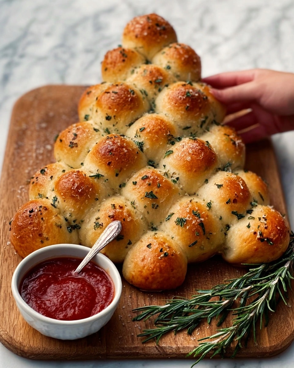 The image shows a Christmas tree-shaped bread made of small round dinner rolls connected together, each roll golden brown with a shiny surface and sprinkled with herbs. The bread tree has five layers, starting with a single roll at the top and expanding down to six rolls at the bottom, forming a triangular shape. To the side, there is a white bowl filled with red sauce and a spoon next to it. The whole setup is on a wooden board, and a woman’s hand is gently holding part of the bread tree. A sprig of fresh green rosemary lies near the bottom right of the board. The background is a white marbled surface. photo taken with an iphone --ar 4:5 --v 7