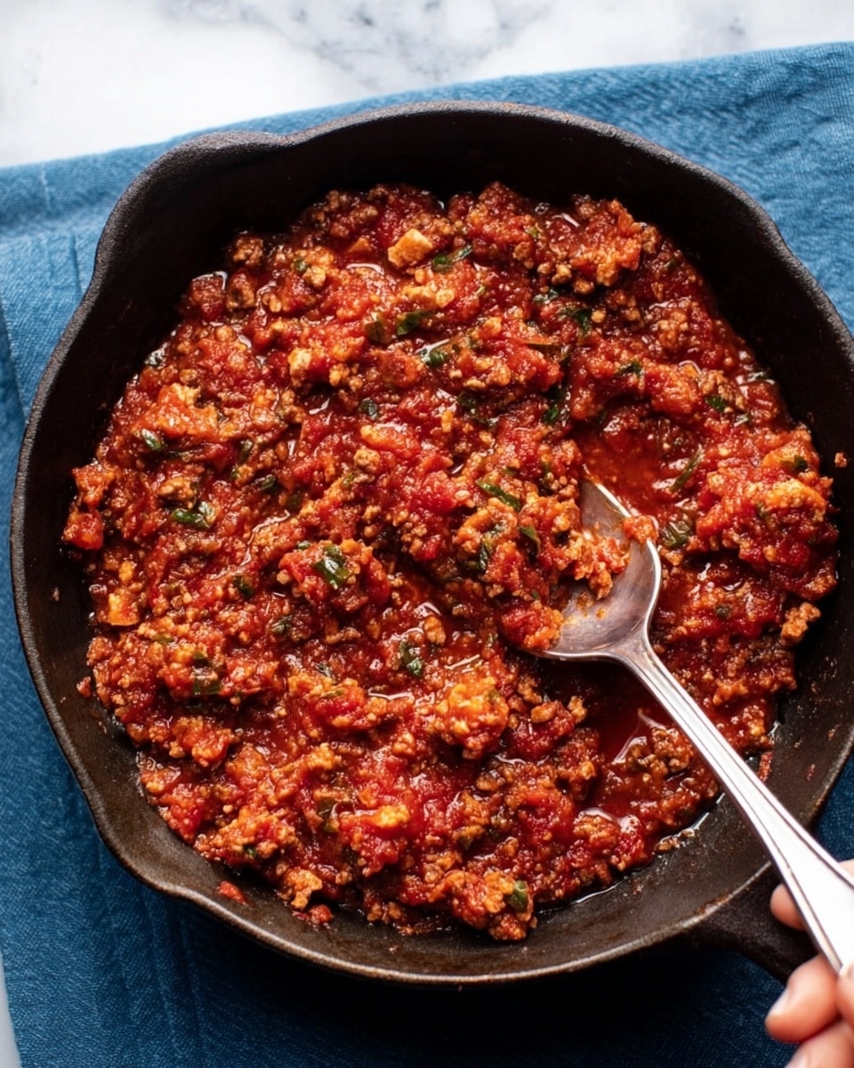 A close-up image of a cast iron skillet filled with a thick, chunky tomato sauce mixed with ground meat and small bits of green herbs scattered throughout. The sauce is rich red with hints of brown from the cooked meat, showing a slightly oily, textured surface. A spoon rests inside the skillet, partially covered by the sauce, held by a woman's hand reaching from the right side. The skillet sits on a white marbled surface with a blue fabric underneath, visible around the edges. photo taken with an iphone --ar 4:5 --v 7