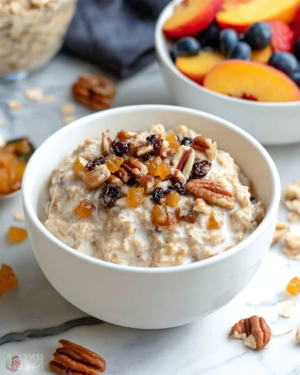 A white bowl filled with creamy oatmeal topped with chopped pecans and golden raisins. The oatmeal has a thick, soft texture with the nuts and raisins spread on top, adding extra color and crunch. The bowl sits on a white marbled surface with some scattered nuts and raisins around it. In the background, there is another white bowl filled with mixed fresh fruits like blueberries and peach slices, slightly out of focus. The scene is bright and inviting, with natural light highlighting the textures and colors photo taken with an iphone --ar 4:5 --v 7