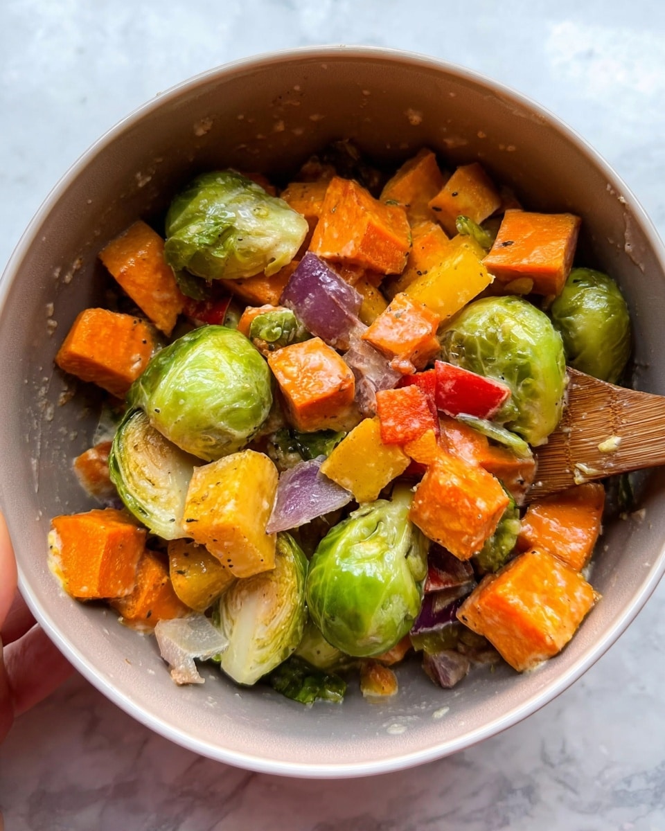 A white bowl filled with a mix of cooked vegetables including large green Brussels sprouts, orange sweet potato cubes, yellow squash pieces, red bell pepper chunks, and small bits of purple onion. The vegetables are slightly glazed with a light coating of sauce and some small white bits scattered around. At the side of the bowl, a woman's hand holds a wooden spoon partially inside the bowl. The bowl sits on a white marbled surface. photo taken with an iphone --ar 4:5 --v 7