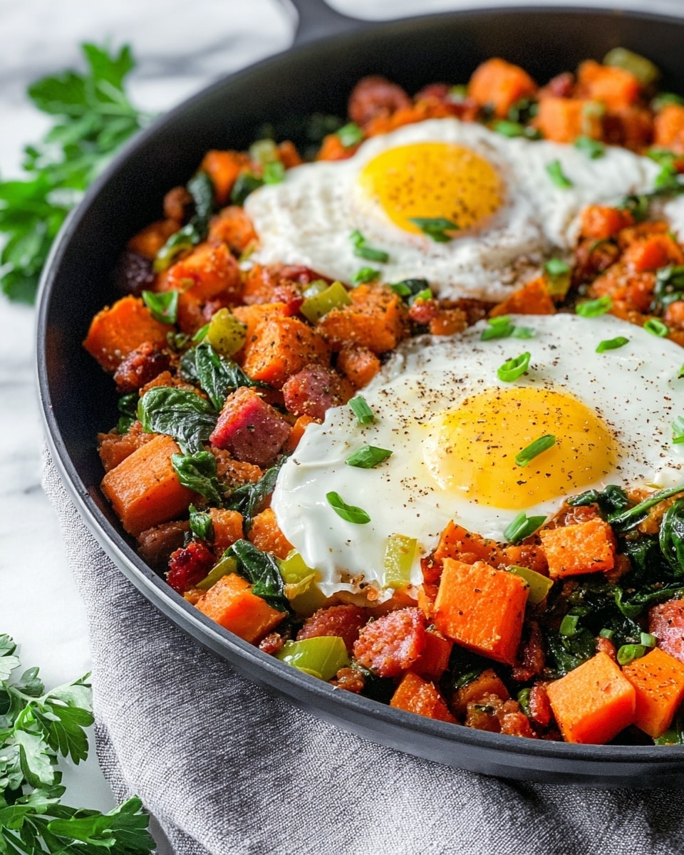A close-up view of a black skillet filled with a vibrant dish made of diced orange sweet potatoes, green spinach leaves, red chunks of meat or sausage, and small green pepper pieces, all mixed together and cooked. On top, there are two sunny side up eggs with bright yellow yolks sprinkled with black pepper and small green garnish. The skillet is placed on a soft gray cloth, and the surface is a white marbled texture with some green parsley sprigs around. photo taken with an iphone --ar 4:5 --v 7