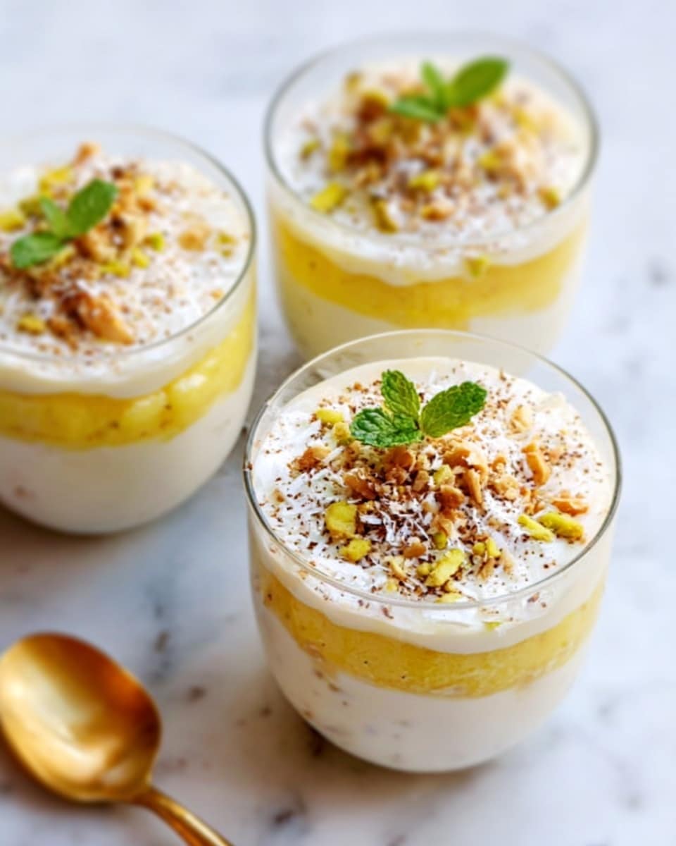 The image shows three clear glass cups filled with layered desserts placed on a white marbled surface. Each dessert has three visible layers: a bottom cream layer which is smooth and white, a middle yellow layer that looks soft and custard-like, and a top layer sprinkled with crushed nuts and small white flakes, then garnished with small green mint leaves. The cups are round and simple, arranged close together. Below the cups, there is a blurred view of a golden spoon with a wooden handle lying on the white marble surface. The overall look is fresh and clean with soft natural light. photo taken with an iphone --ar 4:5 --v 7