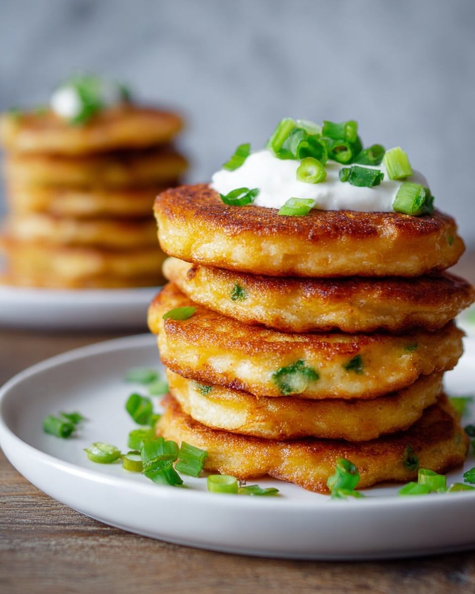 A stack of seven golden brown pancakes sits on a clean white plate against a white marbled surface. The pancakes have a crispy, textured edge and scattered green herbs inside. On top, there is a dollop of white sour cream with bright green chopped scallions sprinkled over it and around the base of the stack. In the background, there is another smaller stack of similar pancakes slightly blurred. The lighting highlights the warm tones and fresh garnishes, photo taken with an iphone --ar 4:5 --v 7