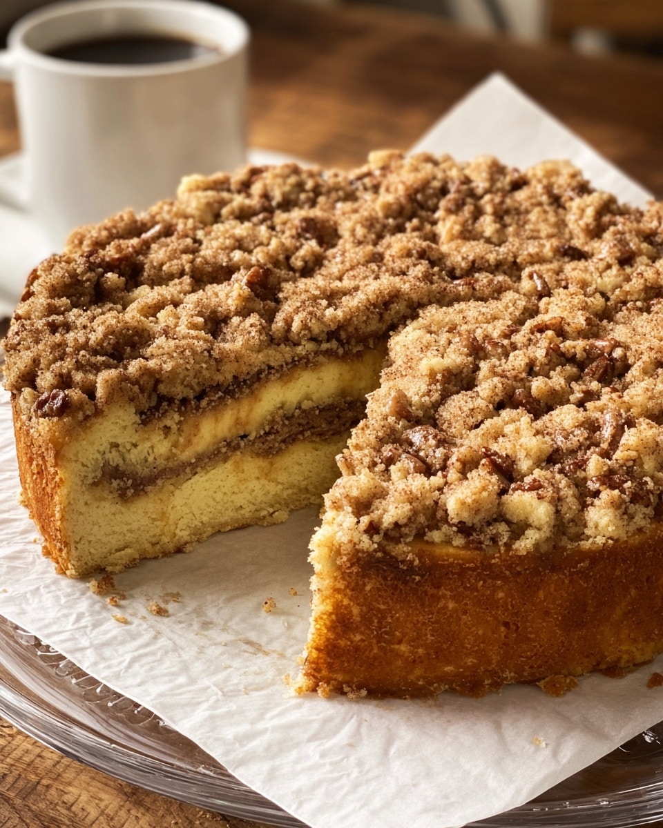 A thick, round crumb cake with three visible layers sits on white parchment paper inside a clear round tray. The bottom layer is a thick, soft yellow cake, followed by a middle swirl of cinnamon sugar filling, and topped with a thick layer of crumb streusel mixed with pecan nut pieces spread unevenly on top. The crumb topping is golden brown and textured with chunks of nuts. In the background, there is a white coffee mug on a wooden surface, but the main focus is on the cake with a piece missing from the front, revealing the inside layers clearly. The overall setting has a warm, cozy feeling. Photo taken with an iphone --ar 4:5 --v 7