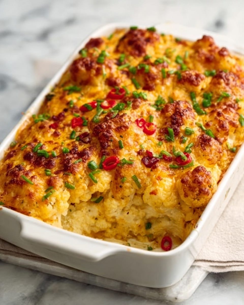 A white rectangular dish filled with a baked casserole that has a golden brown, melted cheese top layer with crispy bits throughout. The cheese layer is dotted with small pieces of red and green peppers. The casserole beneath looks creamy and soft, with visible layers of cooked cauliflower or a similar vegetable. The dish sits on a white marbled surface, and the whole presentation gives a warm and comforting feeling. photo taken with an iphone --ar 4:5 --v 7
