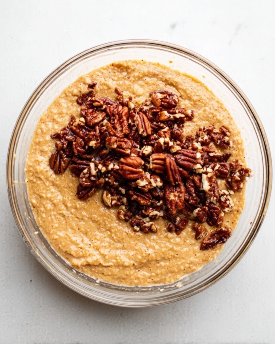 The image shows a clear glass bowl placed on a white marbled surface. Inside the bowl, there is a thick, light brown batter filling about three-quarters of the bowl. On the top right side of the batter, there is a generous layer of dark brown pecan nuts, roughly chopped and spread out unevenly, adding texture and color contrast to the smooth batter. The rest of the bowl is filled with the smooth batter surface, which has a slightly lumpy texture. photo taken with an iphone --ar 4:5 --v 7
