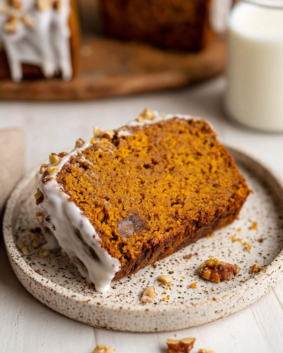 A single thick slice of moist pumpkin bread with bits of nuts visible inside, resting on a white speckled plate. The bread has one layer with a rough crumb texture and a light brown-orange color. The edges of the slice are coated with a thin layer of white icing that drips slightly down the sides, holding small pieces of nuts. Some crumbs and small pieces of bread are scattered around the slice on the plate. In the soft-focus background, there is another slice of the same bread and a glass of milk on a white marbled surface. photo taken with an iphone --ar 4:5 --v 7