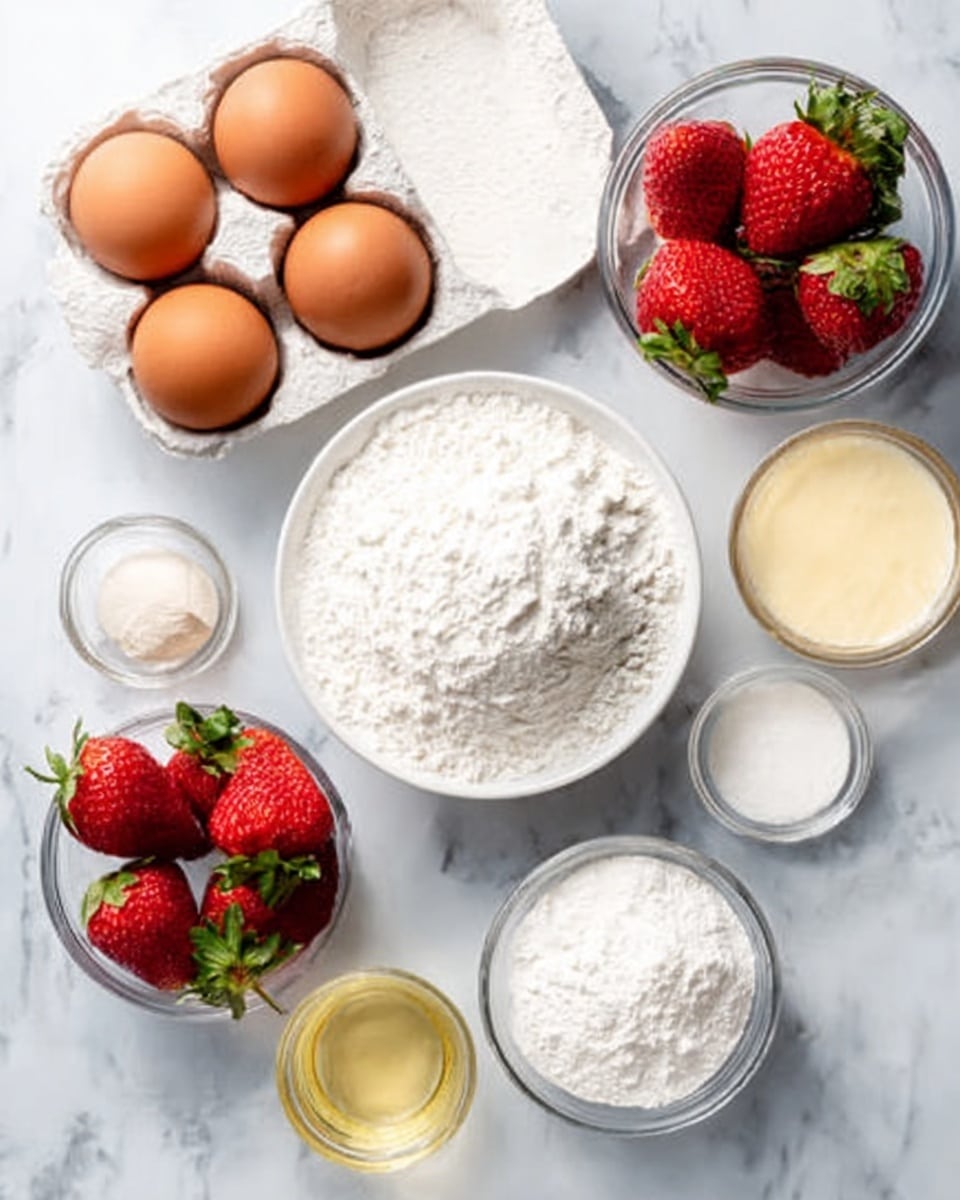 The image shows ingredients neatly arranged on a white marbled surface. There are two brown eggs in a white egg carton, a small white bowl with a white powdery ingredient, a clear bowl filled with white flour, a glass bowl bright with red strawberries topped by a green leaf, a clear cup of a light yellow liquid, and three small clear bowls holding white, light brown, and off-white substances. Each ingredient is distinct with clear textures, from the smooth eggs to the powdery flour and the juicy strawberries. photo taken with an iphone --ar 4:5 --v 7