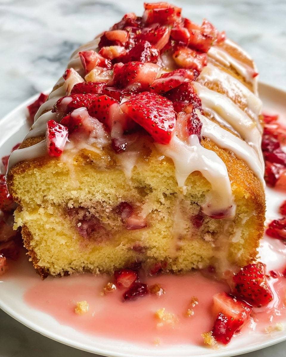 This image shows a close-up of a sliced strawberry cake on a white plate, placed on a white marbled surface. The cake has two thick layers: the bottom layer is a soft, light yellow sponge with small pieces of strawberries mixed inside, while the top layer is a golden brown sponge topped with chopped fresh strawberries. A white glaze is drizzled over the top and sides, and a pink strawberry sauce surrounds the base of the cake on the plate, adding a glossy shine and extra color contrast photo taken with an iphone --ar 4:5 --v 7