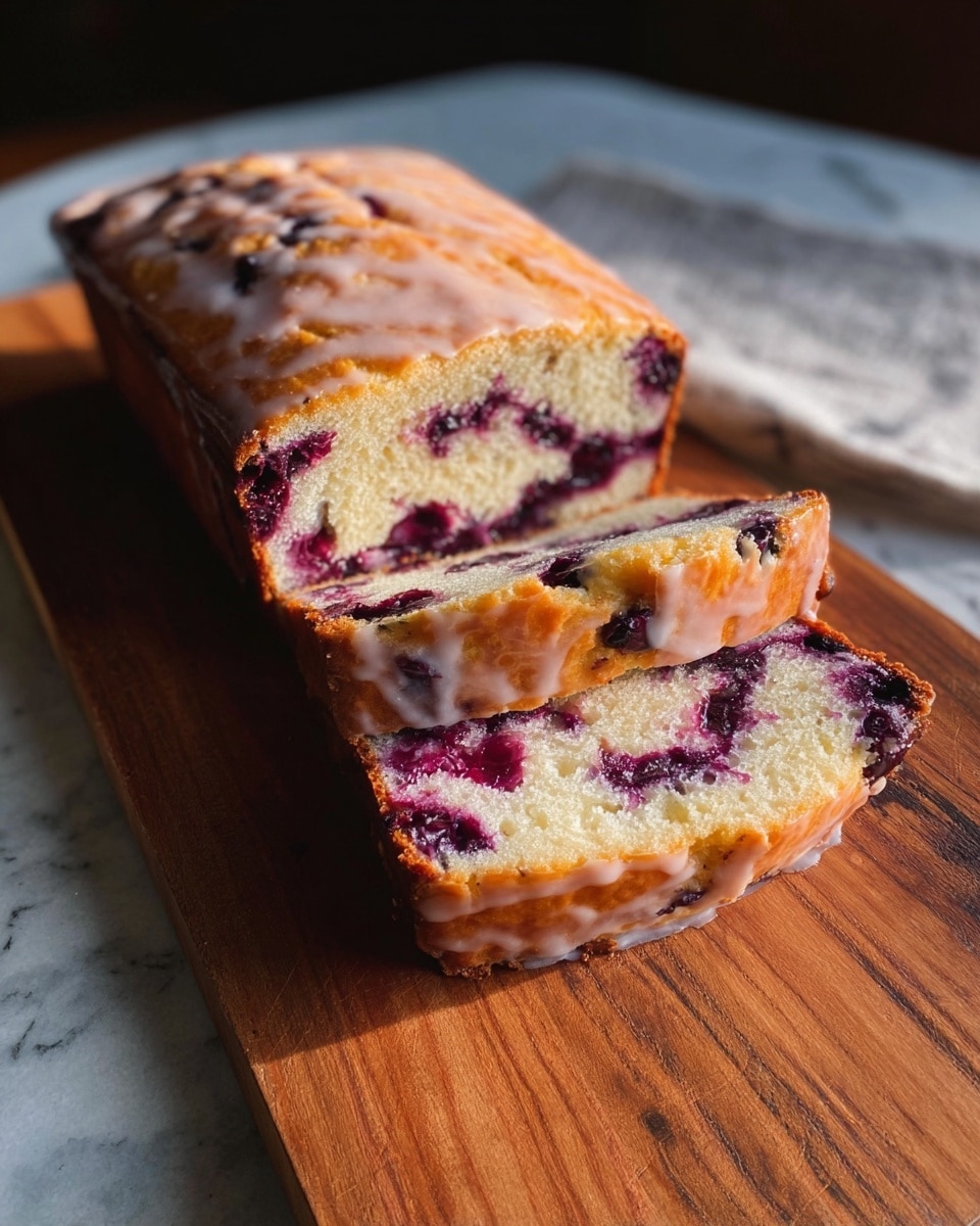 A loaf of berry cake with a light golden crust is shown on a wooden board. The cake is sliced twice, revealing a soft, moist interior filled with dark purple berries evenly spread throughout. The top layer is shiny with a thin glaze, adding a slightly glossy texture. The wooden board beneath has natural grain patterns and the whole scene is lit warmly by sunlight. The background has a white marbled texture photo taken with an iphone --ar 4:5 --v 7