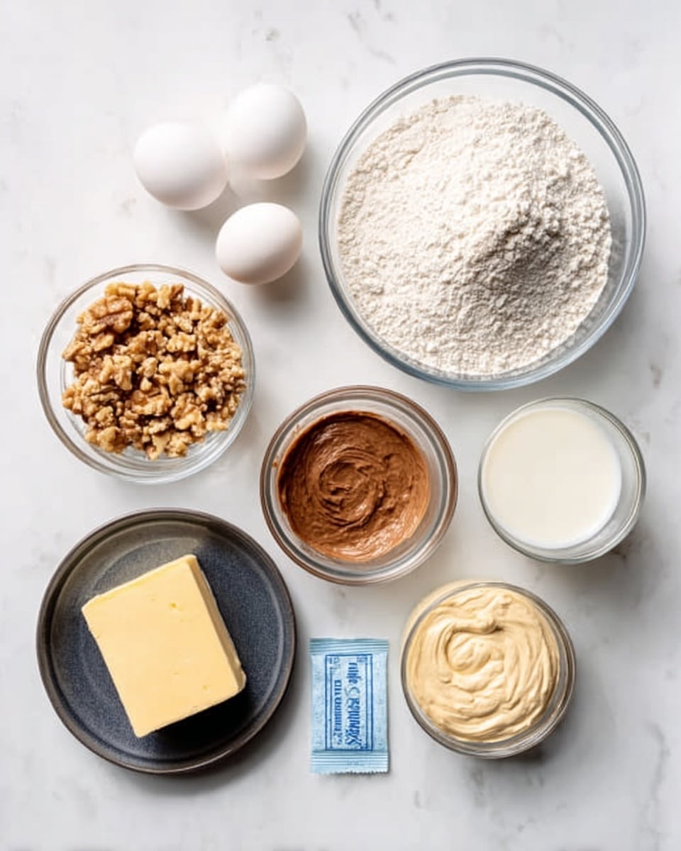 The image shows eight ingredients placed neatly on a white marbled surface. There is a large clear bowl filled with white flour at the top right, and a smaller clear bowl with crushed nuts at the top left. Two white eggs sit side by side below the nuts. Below the flour bowl, there is a clear bowl with a brown creamy substance, and next to it on the right is a clear bowl with a light beige smooth cream. Below these bowls, there is a small glass of milk, a rectangular piece of yellow butter on a black plate, and a small blue packet of yeast. The ingredients are arranged carefully with space between each, all shown from above. Photo taken with an iphone --ar 4:5 --v 7