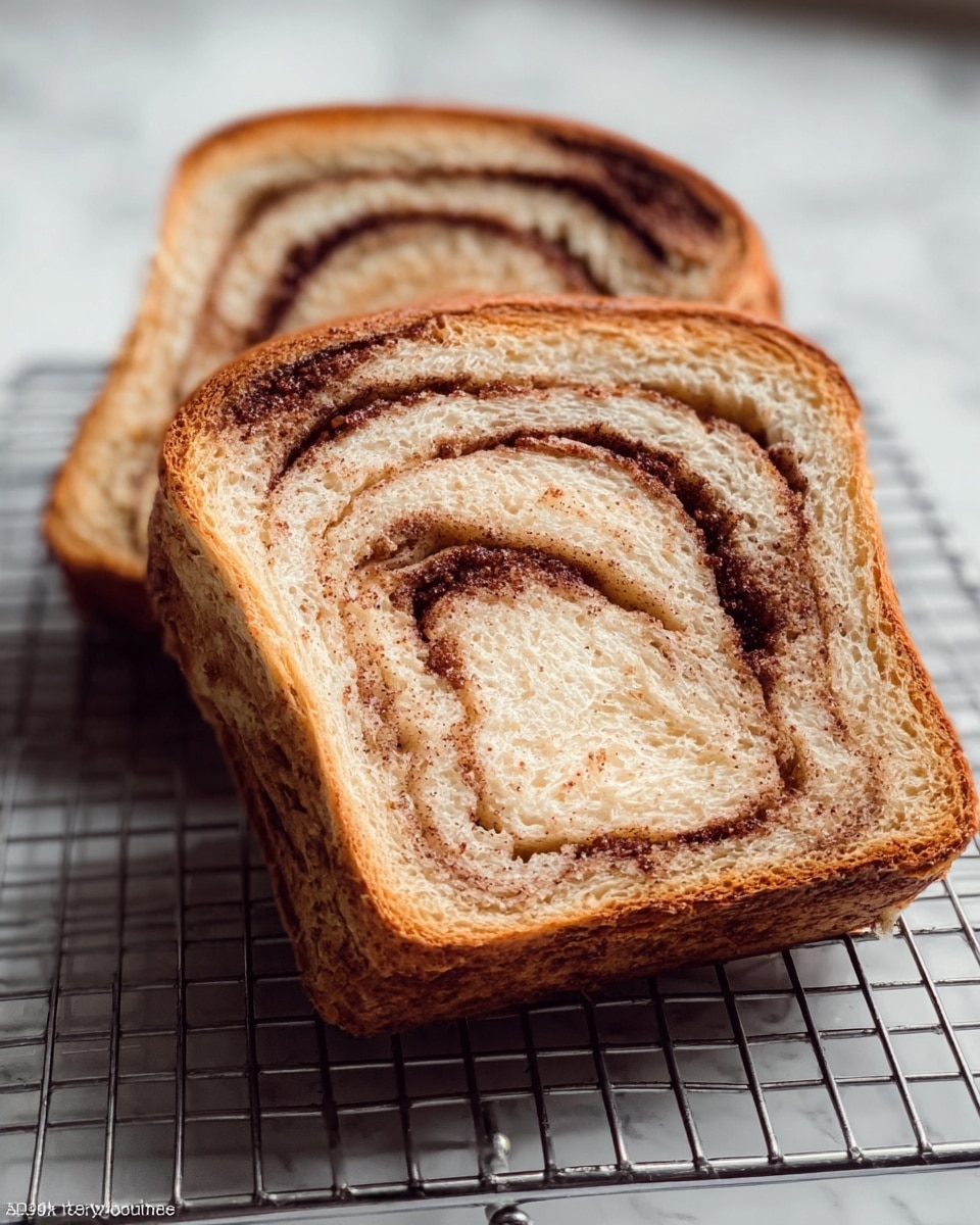 The image shows two thick slices of cinnamon swirl bread resting on a silver wire rack. Each slice has a light brown crust with a darker, cinnamon-colored spiral running through the soft, tan inside. The spiral is uneven and looks textured with a mix of smooth bread and cinnamon layers. The wire rack sits on a white marbled surface, and the lighting highlights the warm color of the bread crust. photo taken with an iphone --ar 4:5 --v 7