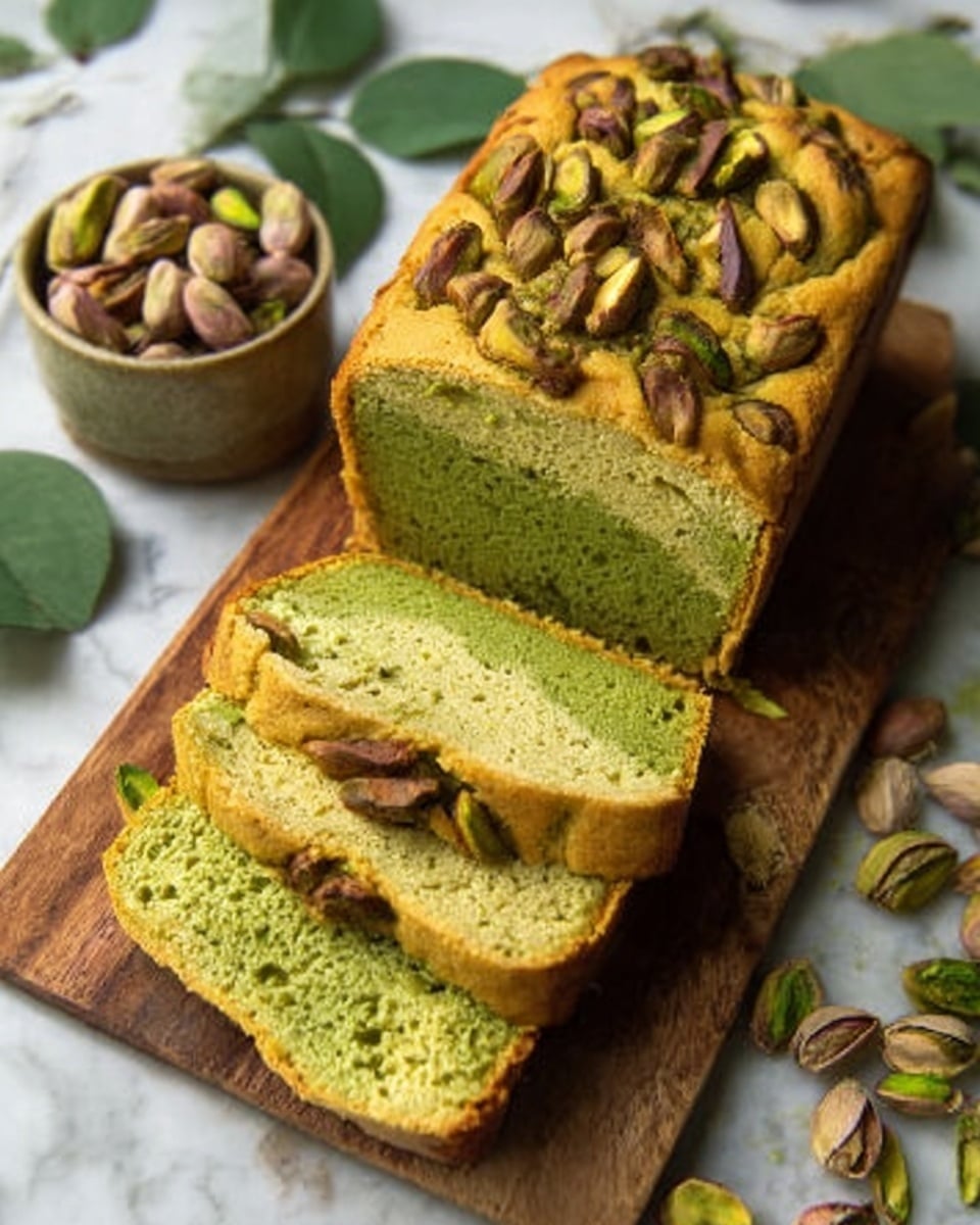 A loaf of greenish-yellow bread is sliced on a wooden board with pistachios scattered around it. The top layer of the bread is golden brown with whole pistachios pressed into it, while the inside is light green and soft. Next to the bread is a small round container filled with shelled pistachios. The scene is set on a white marbled surface with green leaves faintly visible in the background. Photo taken with an iphone --ar 4:5 --v 7