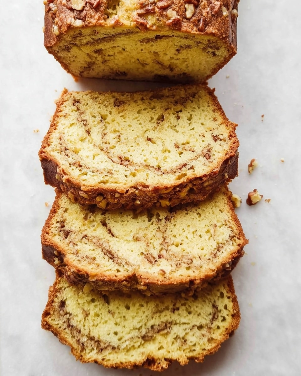 The image shows a loaf of bread sliced into four thick pieces arranged vertically on a white marbled surface. The bread has a golden brown crust with a slightly rough texture covered in small bits of nuts. The inside of the bread is a light yellow color with visible swirls and specks of darker brown, indicating the presence of nuts or spices spread evenly throughout the soft and moist crumb. The slices reveal an airy, porous texture with small holes across the surface. Photo taken with an iphone --ar 4:5 --v 7