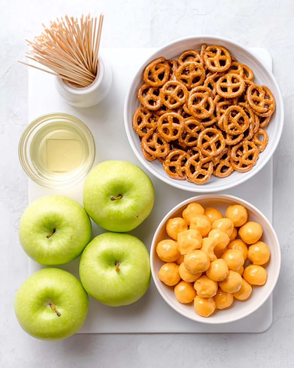 The image shows a white plate full of small, round pretzels with a light brown color and a crunchy texture, placed at the top right corner. Below it, there is a white bowl filled with small orange cheese balls, each with a smooth and shiny surface, arranged closely together. At the bottom left, four green apples are neatly placed in a group, each with a bright, smooth skin. Above the apples, a small white container holds several wooden toothpicks standing upright. To the left of the cheese balls, there is a small clear bowl with a pale yellow liquid. All these items are set on a white marbled surface. Photo taken with an iphone --ar 4:5 --v 7
