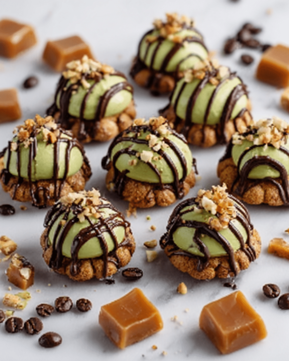 The image shows a group of small, round treats placed on a white marbled surface. Each treat has a base that looks like a light brown cookie or biscuit. On top, there is a dollop of smooth green cream or icing, followed by a drizzle of dark chocolate that creates thin lines over the top. The treats are garnished with small pieces of nuts sprinkled on top. Around the treats, there are broken pieces of caramel candy, light brown square-shaped caramels, and some dark coffee beans scattered, adding texture and color contrast. The overall scene is bright and clean with a focus on the rich colors and textures of the treats. Photo taken with an iphone --ar 4:5 --v 7