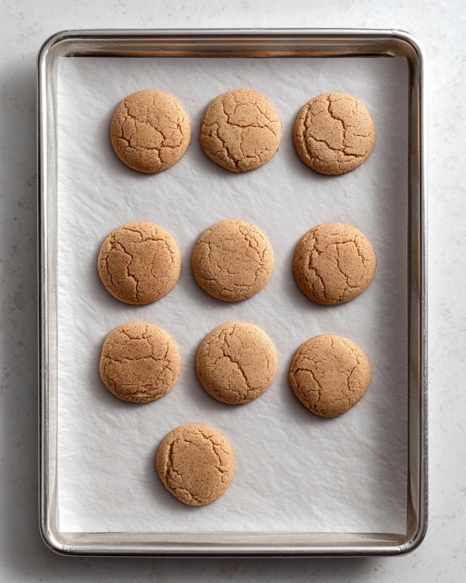 Nine round cookies are evenly placed on a silver baking tray lined with white parchment paper. Each cookie is light brown with a slightly cracked surface, showing a soft texture. The tray sits on a white marbled surface. photo taken with an iphone --ar 4:5 --v 7