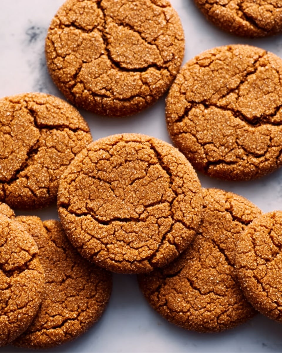 The image shows several round ginger cookies arranged closely together on a white marbled surface. Each cookie has a cracked textured top with a warm brown color, showing a slightly rough and crumbly surface. The cookies have a uniform size and thickness, with one cookie slightly overlapping another. The lighting gives the cookies a soft and inviting look, highlighting their golden-brown edges. Photo taken with an iphone --ar 4:5 --v 7
