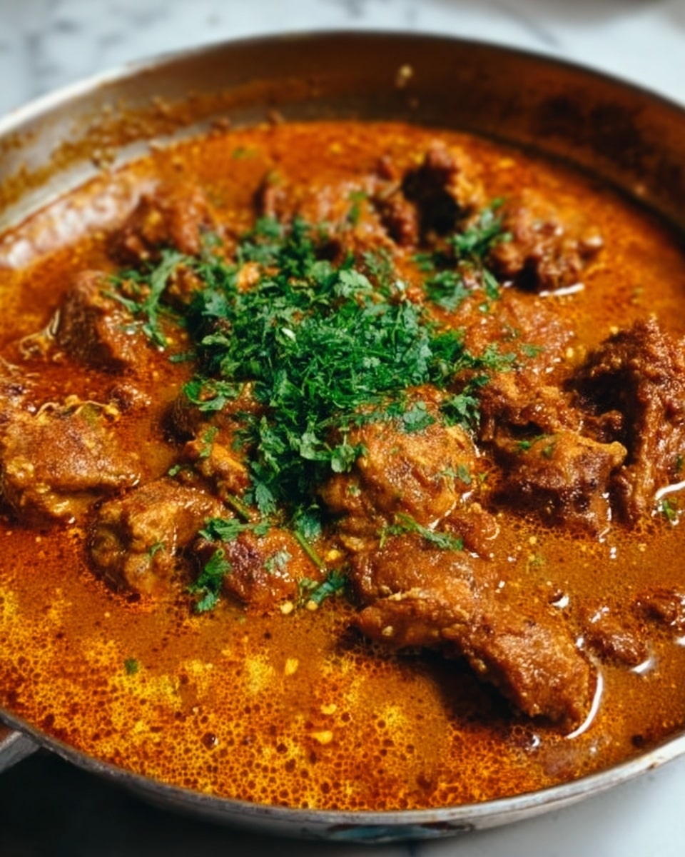 The image shows a close-up view of a rich curry dish in a steel pan, filled with multiple pieces of cooked meat in a thick, brownish-orange sauce. The sauce looks smooth and slightly oily with small bits of spices visible. On top, there is a small layer of chopped green herbs, adding a fresh, bright color contrast to the warm tones of the curry. The dish looks hearty with a dense and textured surface, and the pan is placed against a white marbled background. Photo taken with an iphone --ar 4:5 --v 7