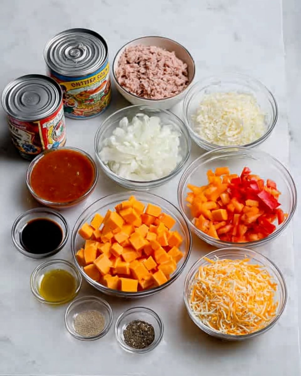 The image shows a white marbled surface with several clear glass bowls and metal cans arranged neatly. There are diced orange cheese cubes in a small bowl in the front right, shredded orange cheese in a bowl behind it, chopped white onions in a bowl to the right, and diced orange bell peppers in a bowl at the back. Two open cans of tomato sauce and a closed can with a colorful label are placed on the left side. A bowl of tuna is in the back left, and small glass bowls contain mustard, soy sauce, and black pepper in the front. The colors range from orange, white, and red to beige. photo taken with an iphone --ar 4:5 --v 7