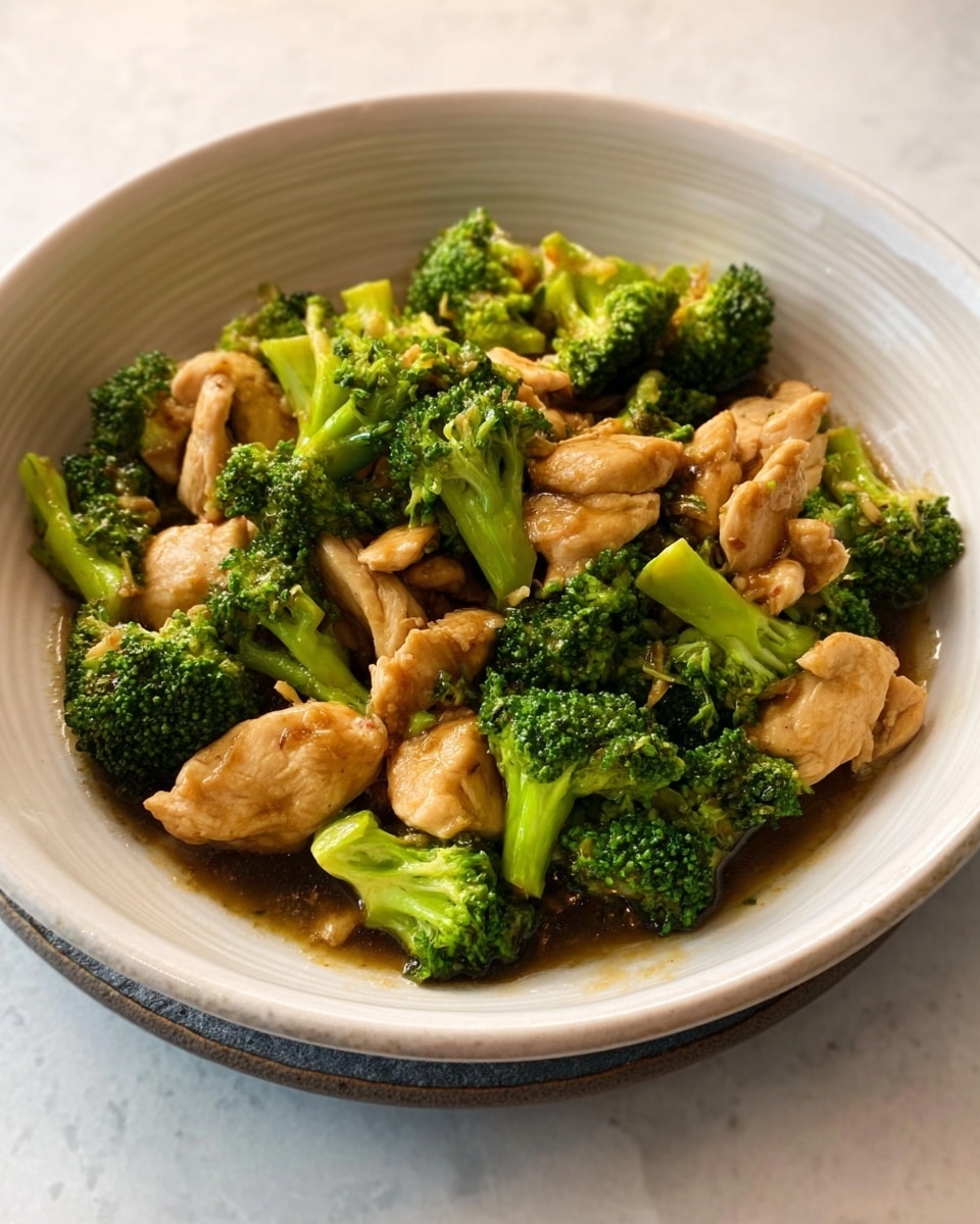 A white ceramic bowl filled with stir-fried pieces of light brown chicken mixed with bright green broccoli florets. The broccoli has visible texture and a slight shine from the sauce, while the chicken pieces are tender and scattered evenly throughout. The sauce is a glossy light brown, coating the chicken and broccoli. The bowl rests on a white marbled surface with soft lighting that highlights the freshness of the dish. photo taken with an iphone --ar 4:5 --v 7