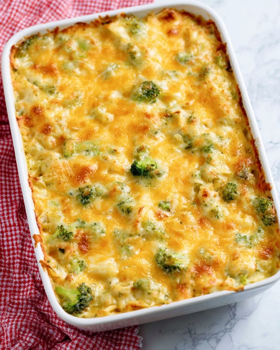 The image shows a white rectangular baking dish filled with a baked pasta dish. The top layer is golden brown melted cheese with small green broccoli pieces spread throughout. The melted cheese is bubbly and slightly browned, covering a creamy sauce and noodles underneath. The pasta looks soft and mixed well with the sauce and broccoli. The dish sits on a white marbled surface with a bit of a red and white checkered cloth visible on the left side. Photo taken with an iphone --ar 4:5 --v 7