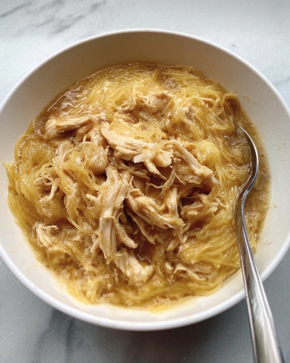 A white bowl filled with thin yellow noodles soaked in a light brown broth, topped with pieces of shredded chicken that are light tan in color, with a silver spoon resting inside the bowl on the right side. The bowl is placed on a white marbled surface. The photo taken with an iphone --ar 4:5 --v 7