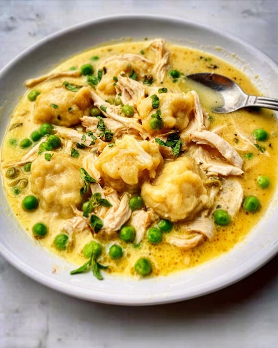 A white plate holds a creamy yellow soup with chunks of white shredded chicken and scattered green peas. On top, there are pieces of light brown dumplings with a soft, smooth texture. Small green herbs are sprinkled over the dish, adding a fresh touch. A silver spoon is placed on the right side, partially in the soup. The plate sits on a white marbled surface. Photo taken with an iphone --ar 4:5 --v 7