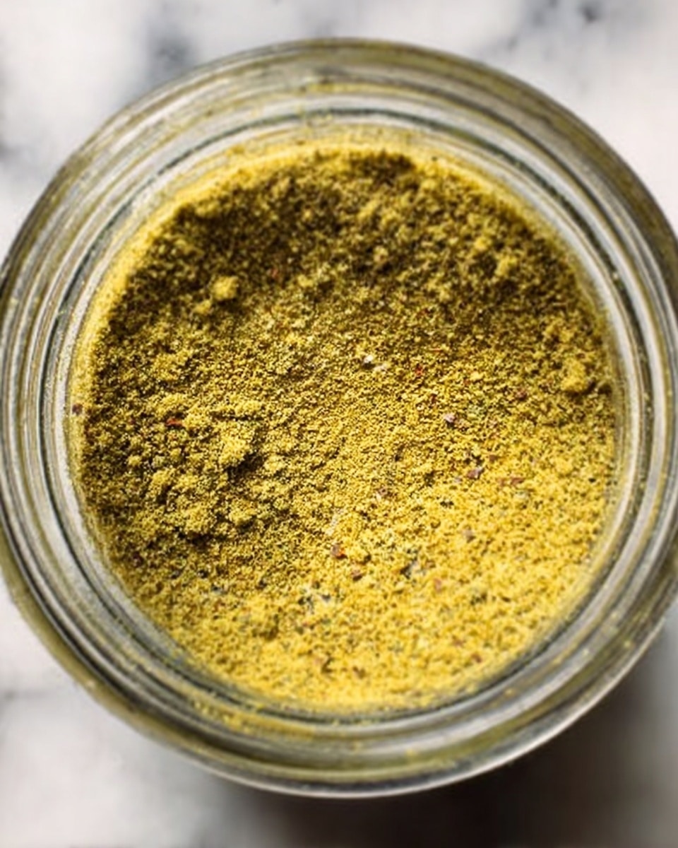 The image shows a close-up view of a glass jar filled with a yellow-greenish powder that looks like a spice or seasoning mix. The powder has a coarse texture with small bits of different colors, hinting at various dried herbs or seeds mixed in. The jar opening is round, and the inside walls of the jar are visible, showing the powder level about halfway full. The background is a white marbled texture. photo taken with an iphone --ar 4:5 --v 7
