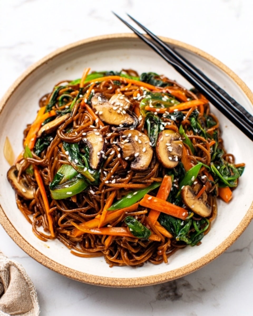 A white shallow bowl on a white marbled surface holds a colorful stir-fried noodle dish with three visible layers: the bottom layer is dark brown glossy noodles tangled together, the middle layer has thin bright orange carrot strips and long green leafy vegetables mixed evenly, and the top layer features sliced brown mushrooms scattered around. White sesame seeds are sprinkled on top, and a pair of black chopsticks rest on the edge of the bowl. Photo taken with an iphone --ar 4:5 --v 7