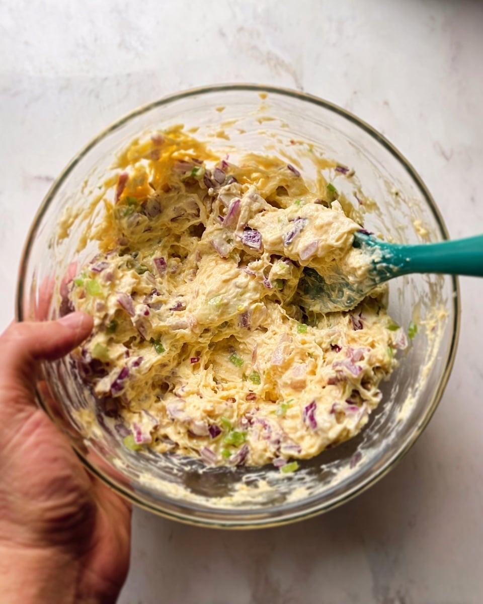 A clear glass bowl filled with a creamy mixture that has small pieces of purple onions and green celery mixed throughout. The mixture is light yellow and looks soft and thick, with bits of ingredients spread all around inside the bowl. A green spoon is partially dipped into the mixture, with the spoon’s back side visible. The bowl is held by a woman's hand against a white marbled surface in the background. photo taken with an iphone --ar 4:5 --v 7