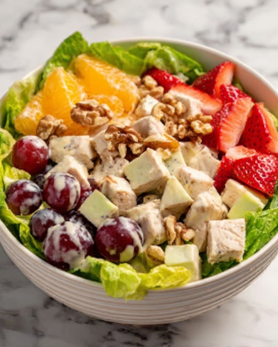 A white bowl filled with layers of fresh green lettuce on the bottom, topped with chunks of white chicken pieces, orange slices, red strawberries cut into smaller pieces, whole dark purple grapes, and scattered light brown walnut halves. The mix looks fresh and colorful with a creamy light dressing drizzled over everything. The bowl sits on a white marbled surface. photo taken with an iphone --ar 4:5 --v 7