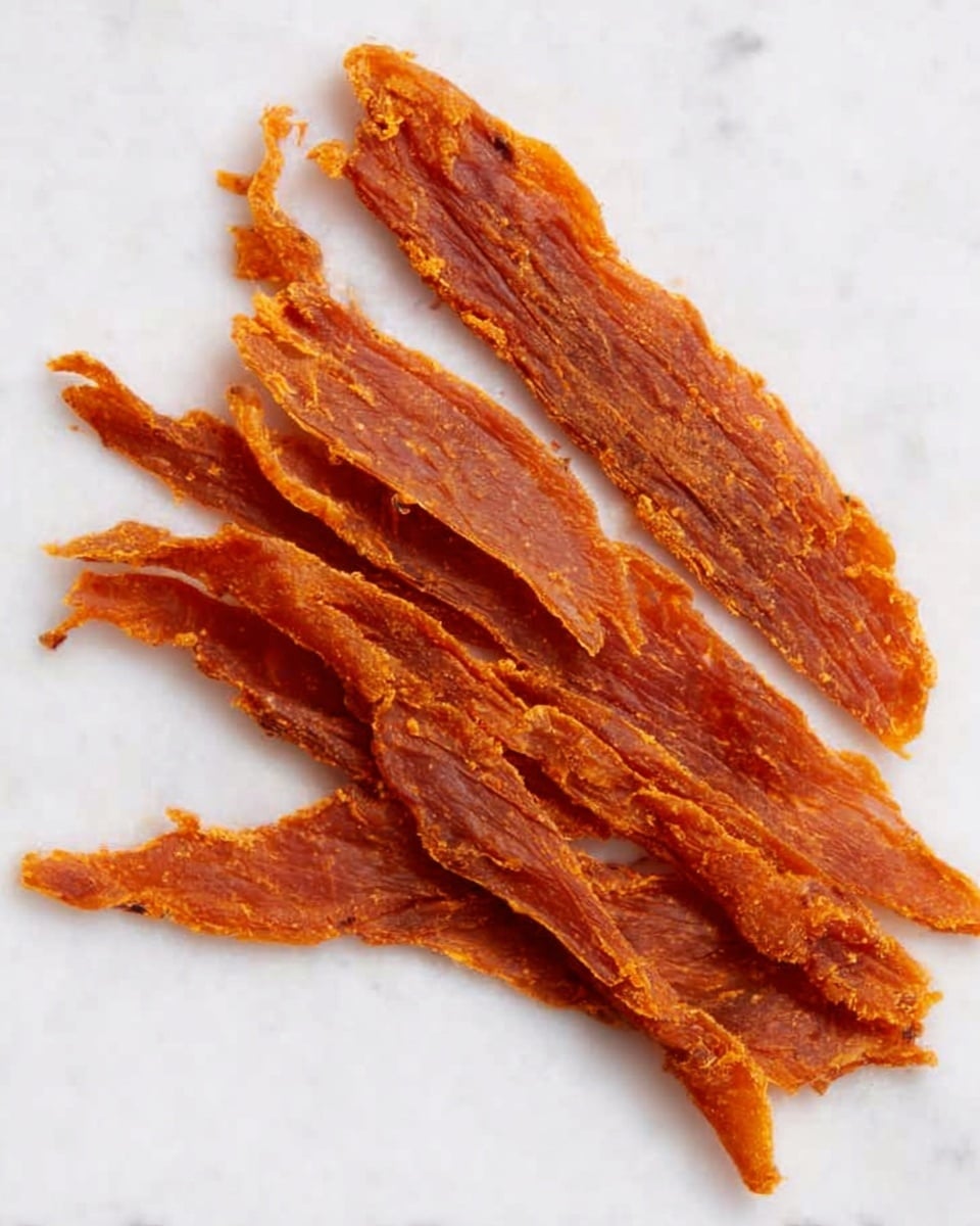 The image shows several strips of dried orange meat laid out on a white marbled surface. The meat strips are uneven in size and have a rough, slightly shiny texture. The color of the meat is a mix of deep orange and reddish-brown tones with some darker spots suggesting seasoning. There are about five main strips overlapping slightly in the center of the image with thinner pieces around them. The meat appears thin and somewhat crispy. Photo taken with an iphone --ar 4:5 --v 7