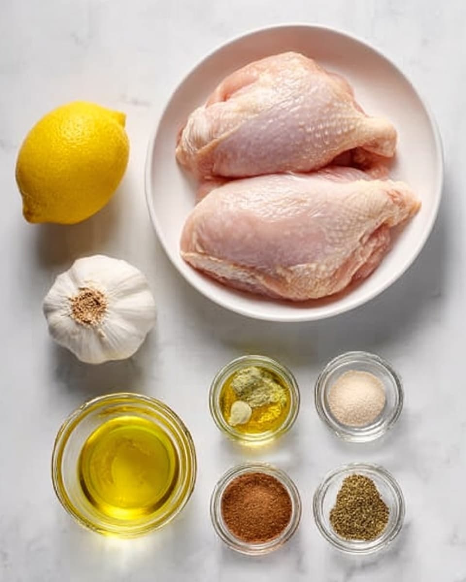 The image shows two raw chicken pieces placed side by side in a white bowl. Next to the bowl, there is a bright yellow lemon on the left and a whole garlic bulb on the lower left. Below the bowl and lemon, there are four small clear jars with different spices inside, arranged in two rows. At the bottom left corner, a small glass bowl holds golden cooking oil. All items are set on a white marbled surface. Photo taken with an iphone --ar 4:5 --v 7