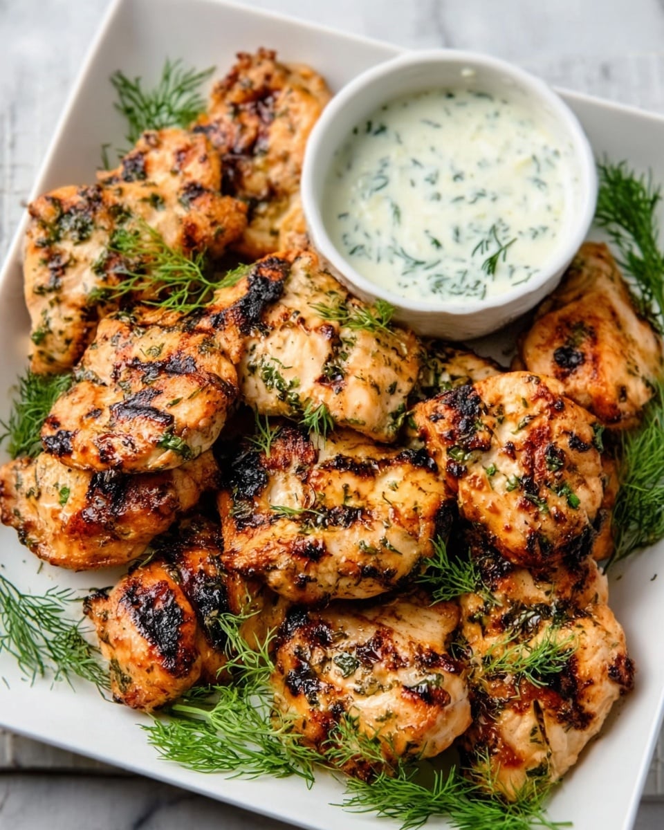 The image shows many pieces of grilled chicken with a golden-brown and slightly charred texture, placed closely in a white square dish. The chicken pieces have grill marks and are garnished with fresh green dill sprigs scattered on and around them. In the top center of the dish, there is a small round white bowl filled with a creamy white sauce that has green herb specks. The dish is set on a white marbled surface. photo taken with an iphone --ar 4:5 --v 7