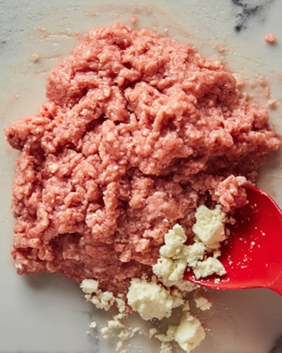 The image shows ground meat with a pinkish color spread flat in the center of a white marbled surface. On the bottom right of the meat, there are small clumps of crumbled white cheese. The texture of the meat appears soft and slightly moist, while the cheese pieces are crumbly and uneven. A woman's hand is holding a red spoon on the right side, partly touching the meat. Photo taken with an iphone --ar 4:5 --v 7