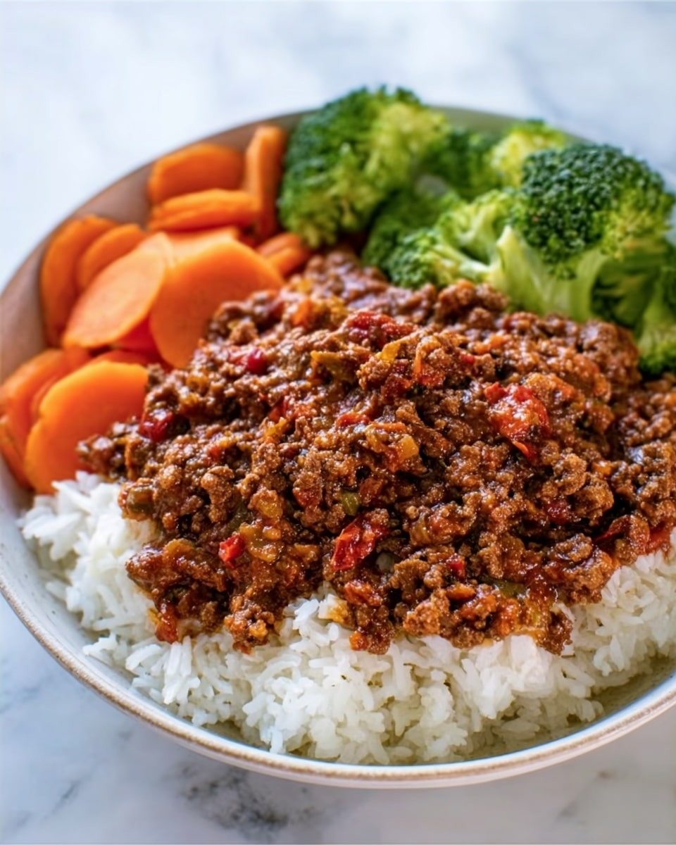 A white bowl placed on a white marbled surface holds a serving of white rice as the base layer, topped with a thick, brown ground meat sauce with a chunky texture and visible bits of red peppers and spices. On one side of the bowl, there are bright green broccoli florets and orange sliced carrots arranged beside the rice and sauce, adding color contrast to the dish. The bowl fills the frame, showing the food's details clearly. Photo taken with an iphone --ar 4:5 --v 7